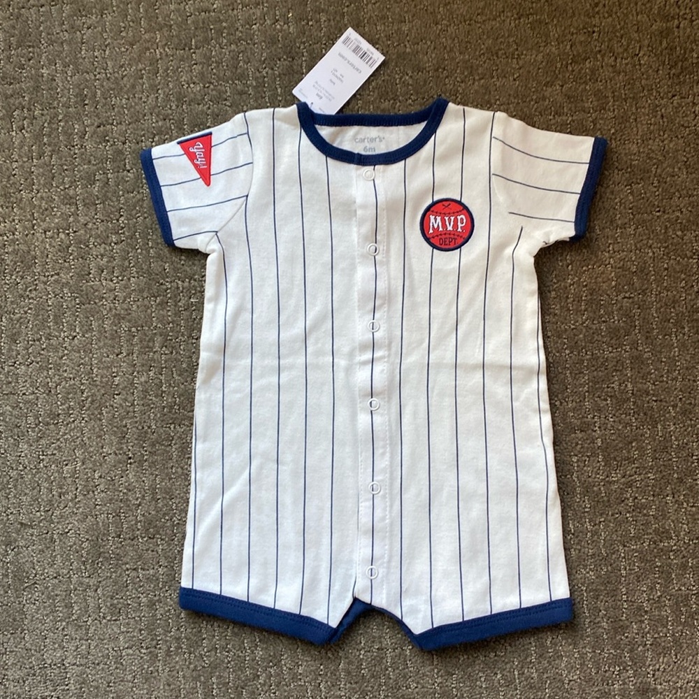 NWT baby Carters size 6m 100% cotton onesie. Baseball theme.